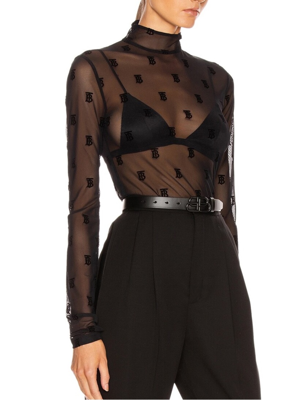 Burberry TB Monogram Sheer Mesh Turtleneck Top Black Long Sleeve Size L